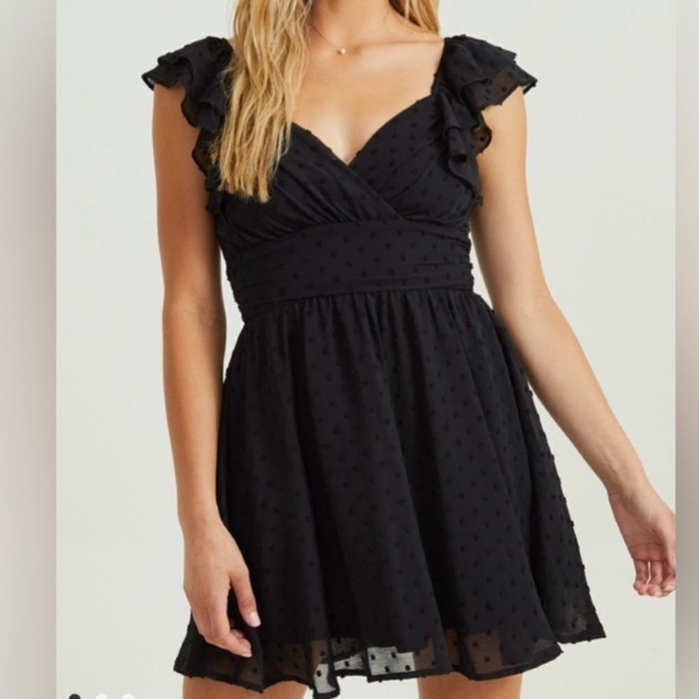 Altar’d State Sylvia Dress Black fit and flair deep v neck ruffle flutter S